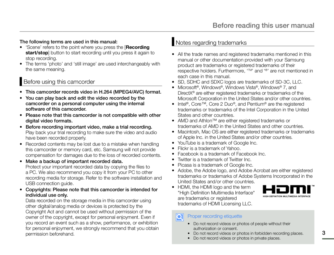 Before using this camcorder Notes regarding trademarks