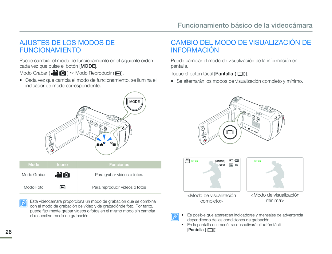 AJUSTES DE LOS MODOS DE Hand Held Camcorder HMX-F90