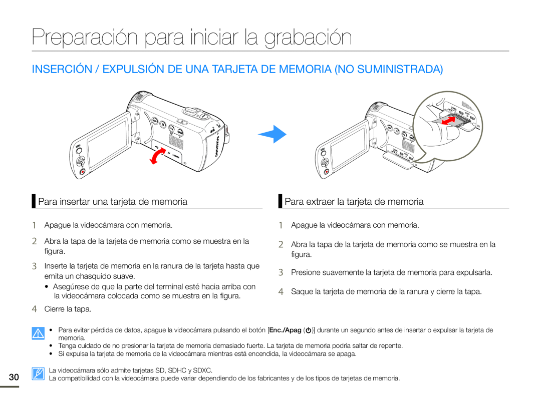 INSERCIÓN / EXPULSIÓN DE UNA TARJETA DE MEMORIA (NO SUMINISTRADA) Hand Held Camcorder HMX-F90