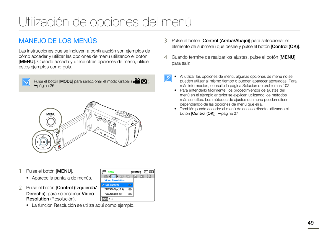 Utilización de opciones del menú Hand Held Camcorder HMX-F90