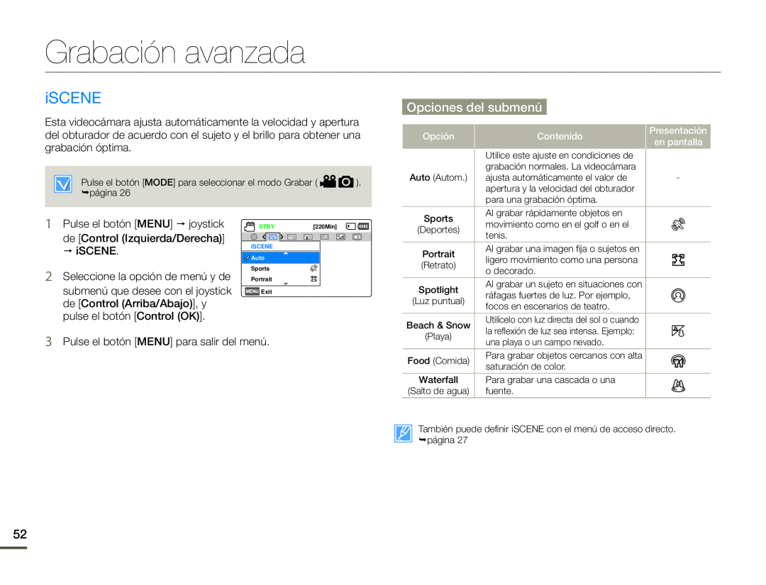 Opciones del submenú Hand Held Camcorder HMX-F90