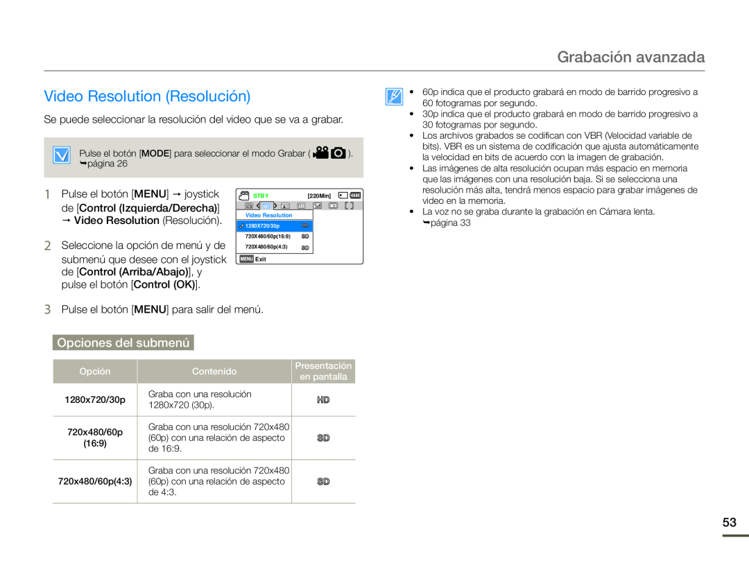 Video Resolution (Resolución) Hand Held Camcorder HMX-F90