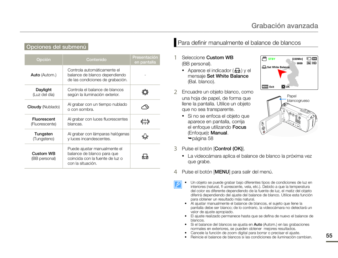 Para definir manualmente el balance de blancos Hand Held Camcorder HMX-F90