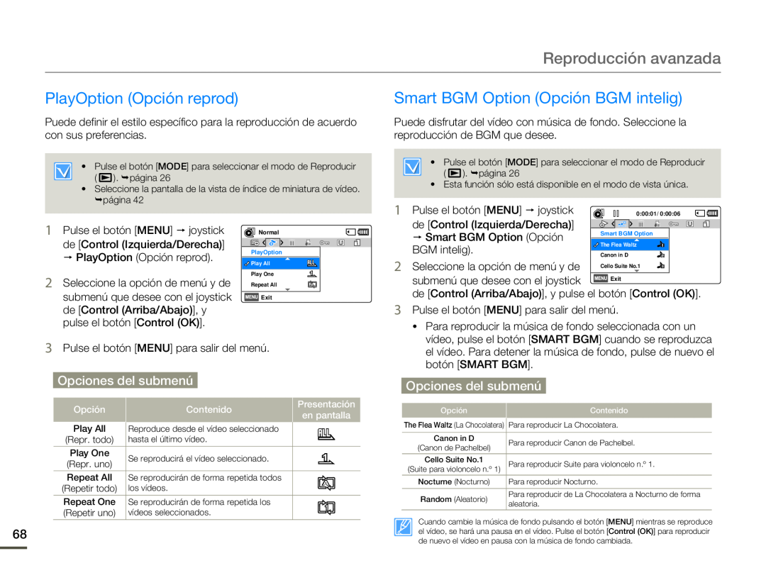 PlayOption (Opción reprod) Smart BGM Option (Opción BGM intelig)