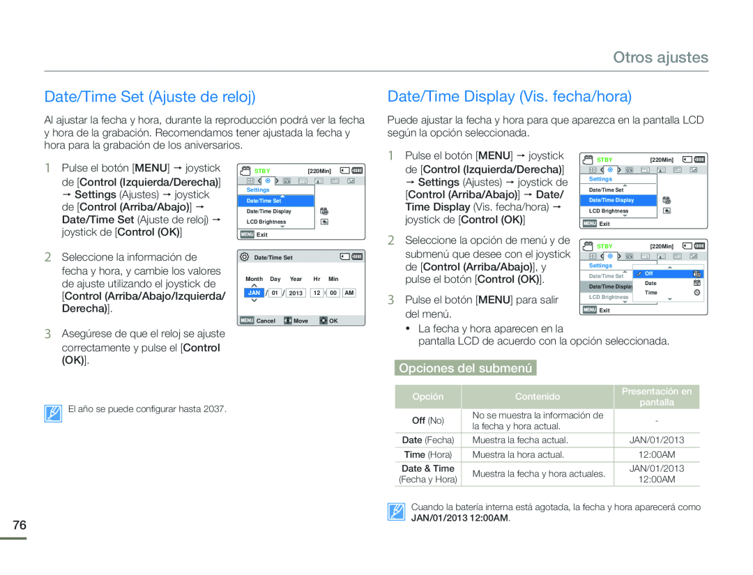 Date/Time Set (Ajuste de reloj) Date/Time Display (Vis. fecha/hora)