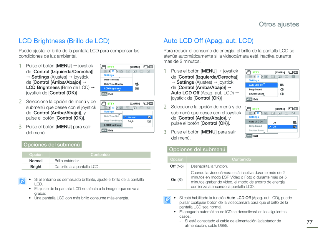 LCD Brightness (Brillo de LCD) Auto LCD Off (Apag. aut. LCD)