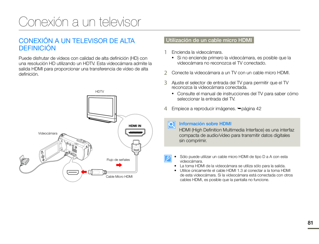 Utilización de un cable micro HDMI CONEXIÓN A UN TELEVISOR DE ALTA DEFINICIÓN