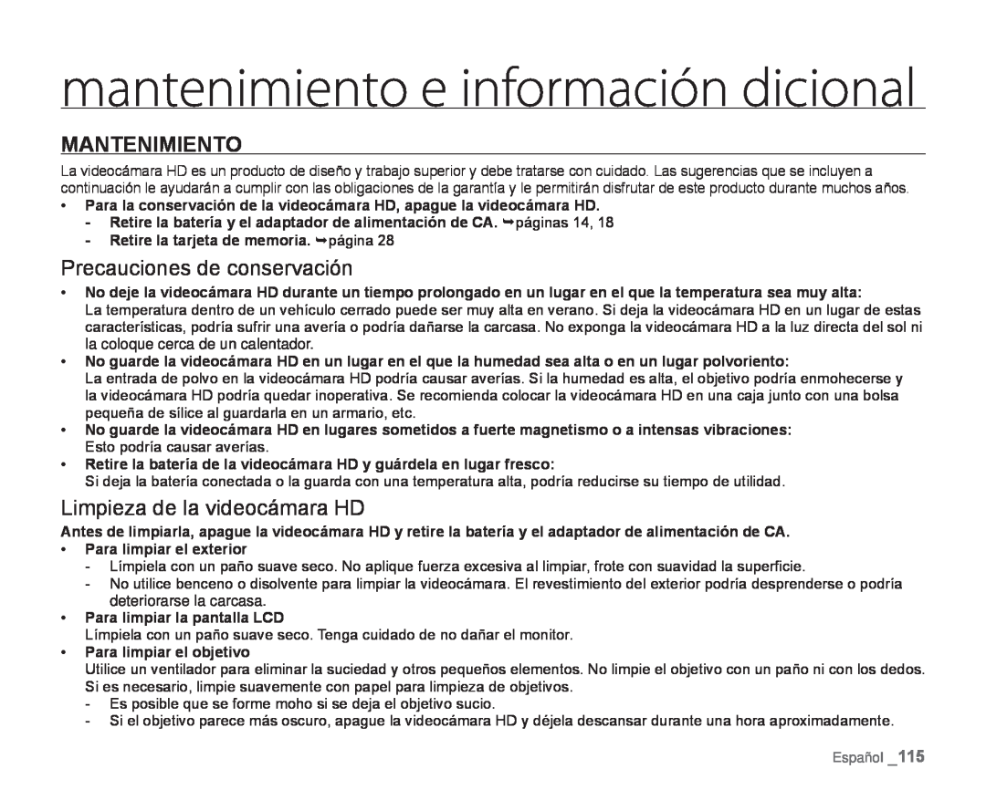 MANTENIMIENTO Precauciones de conservación