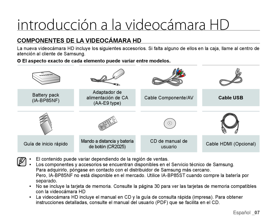 COMPONENTES DE LA VIDEOCÁMARA HD Hand Held Camcorder HMX-H100