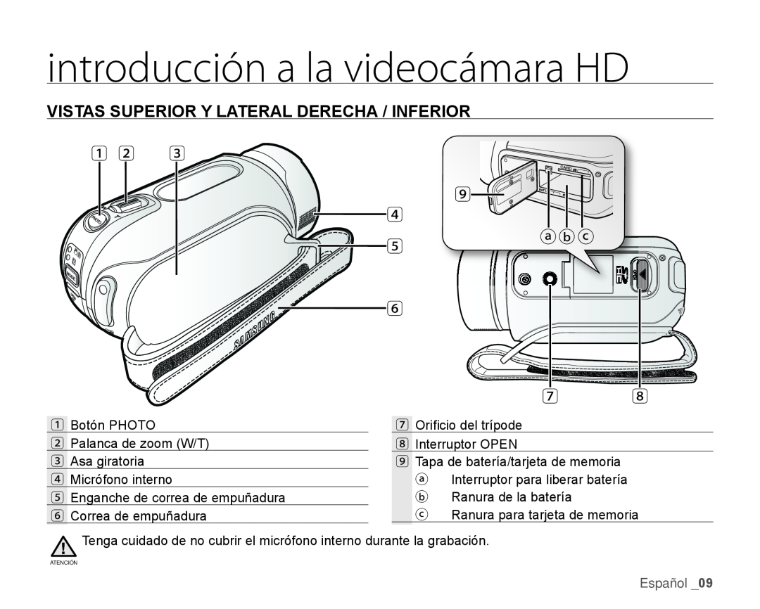 VISTAS SUPERIOR Y LATERAL DERECHA / INFERIOR Hand Held Camcorder HMX-H100