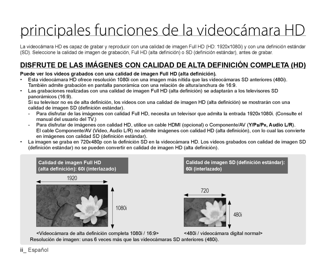 DISFRUTE DE LAS IMÁGENES CON CALIDAD DE ALTA DEFINICIÓN COMPLETA (HD) Hand Held Camcorder HMX-H100