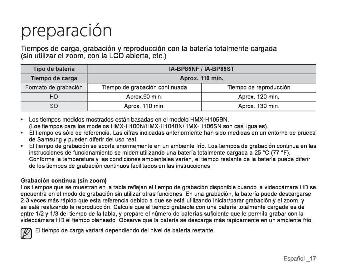 El tiempo de carga variará dependiendo del nivel de batería restante Hand Held Camcorder HMX-H100