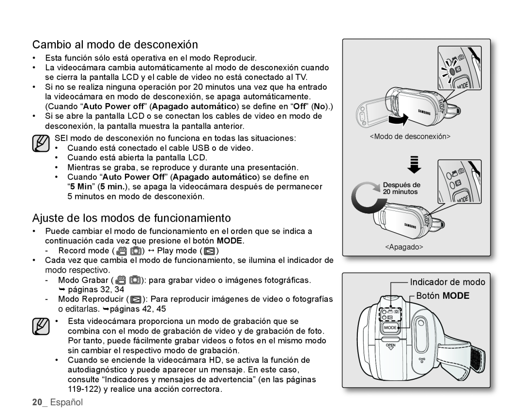 Ajuste de los modos de funcionamiento Hand Held Camcorder HMX-H100