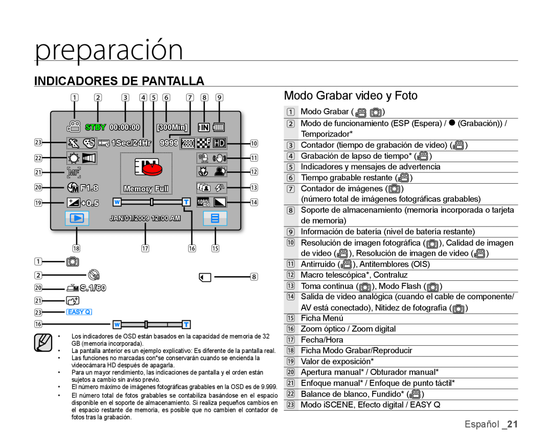 Modo Grabar video y Foto Hand Held Camcorder HMX-H100