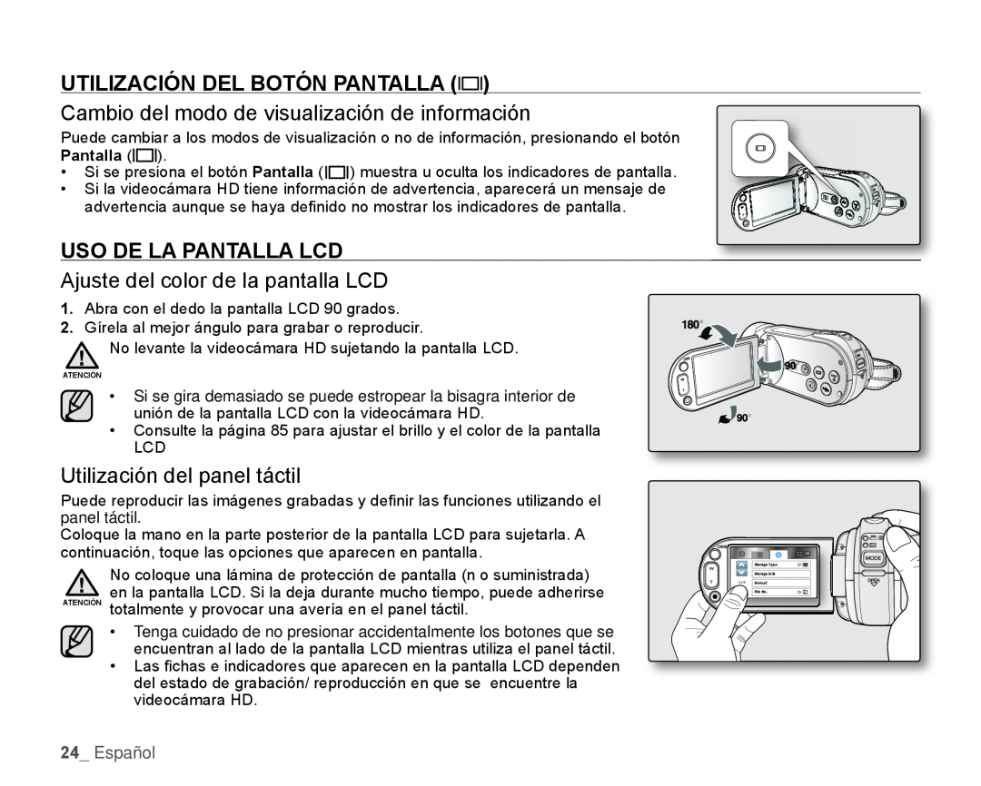 Utilización del panel táctil Hand Held Camcorder HMX-H100