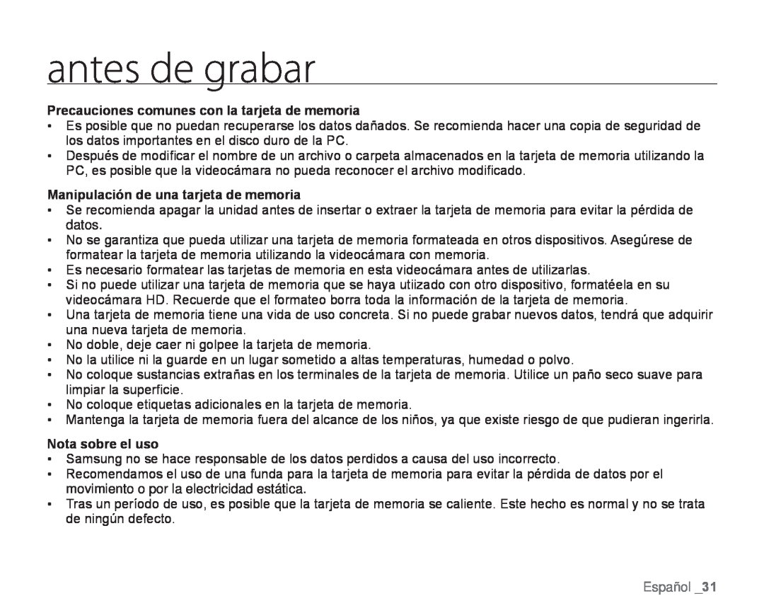 Precauciones comunes con la tarjeta de memoria Manipulación de una tarjeta de memoria