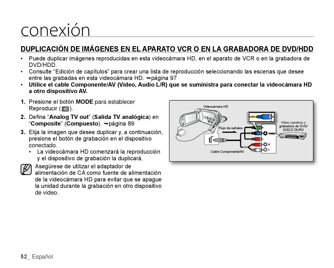 DUPLICACIÓN DE IMÁGENES EN EL APARATO VCR O EN LA GRABADORA DE DVD/HDD Hand Held Camcorder HMX-H100