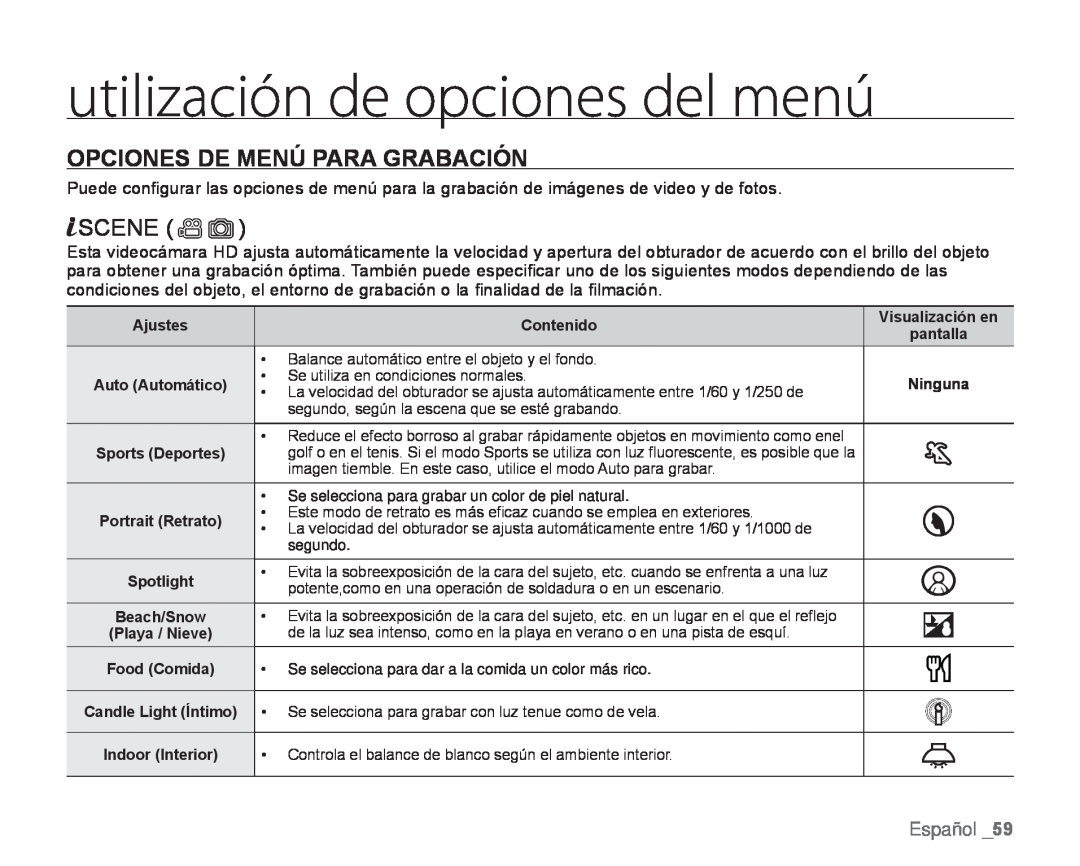 OPCIONES DE MENÚ PARA GRABACIÓN SCENE ()