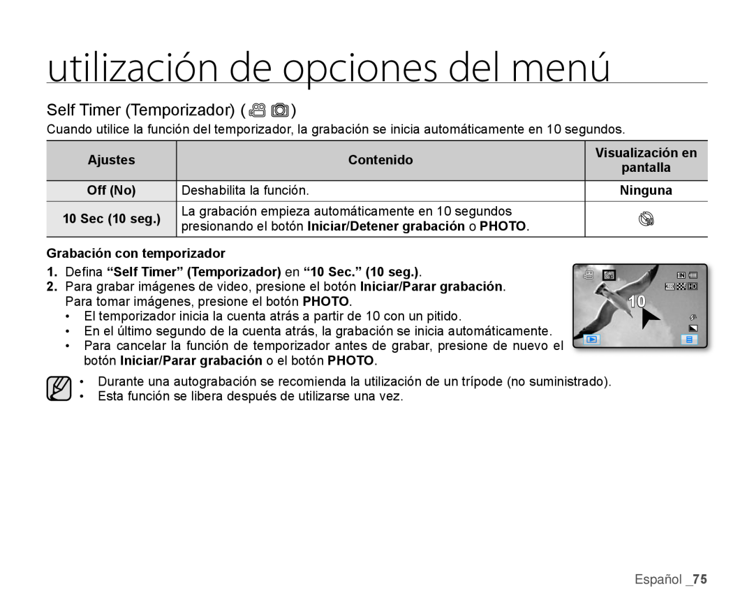 Self Timer (Temporizador) () Hand Held Camcorder HMX-H100