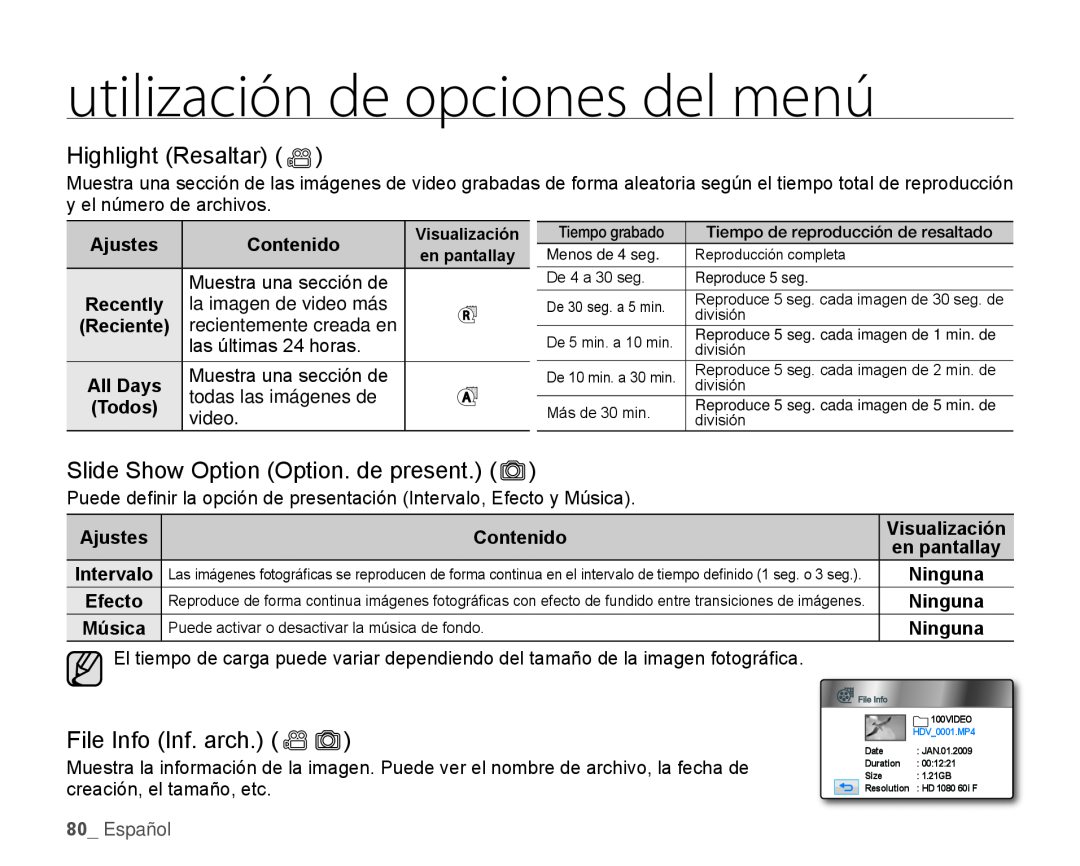 File Info (Inf. arch.) () Hand Held Camcorder HMX-H100