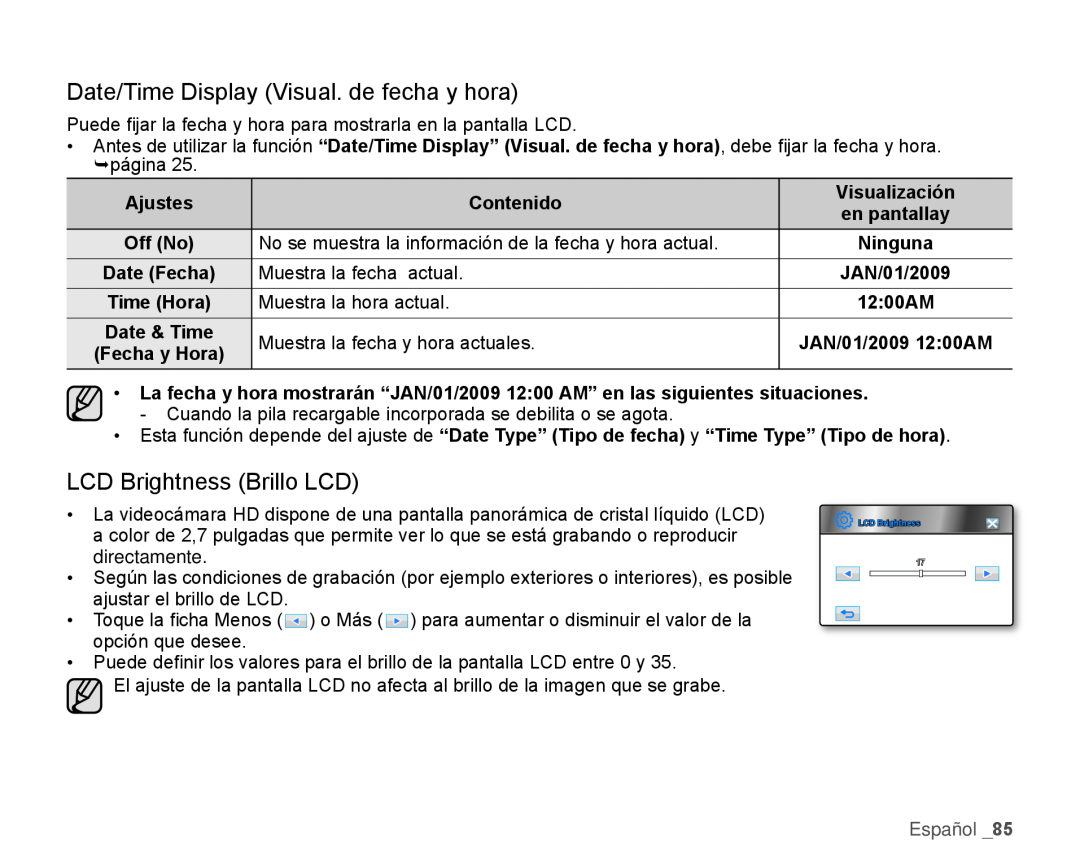 LCD Brightness (Brillo LCD) Hand Held Camcorder HMX-H100