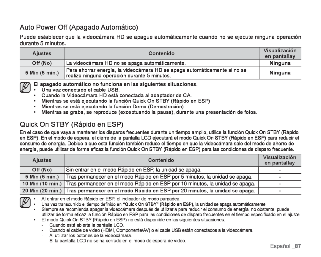 Auto Power Off (Apagado Automático) Quick On STBY (Rápido en ESP)