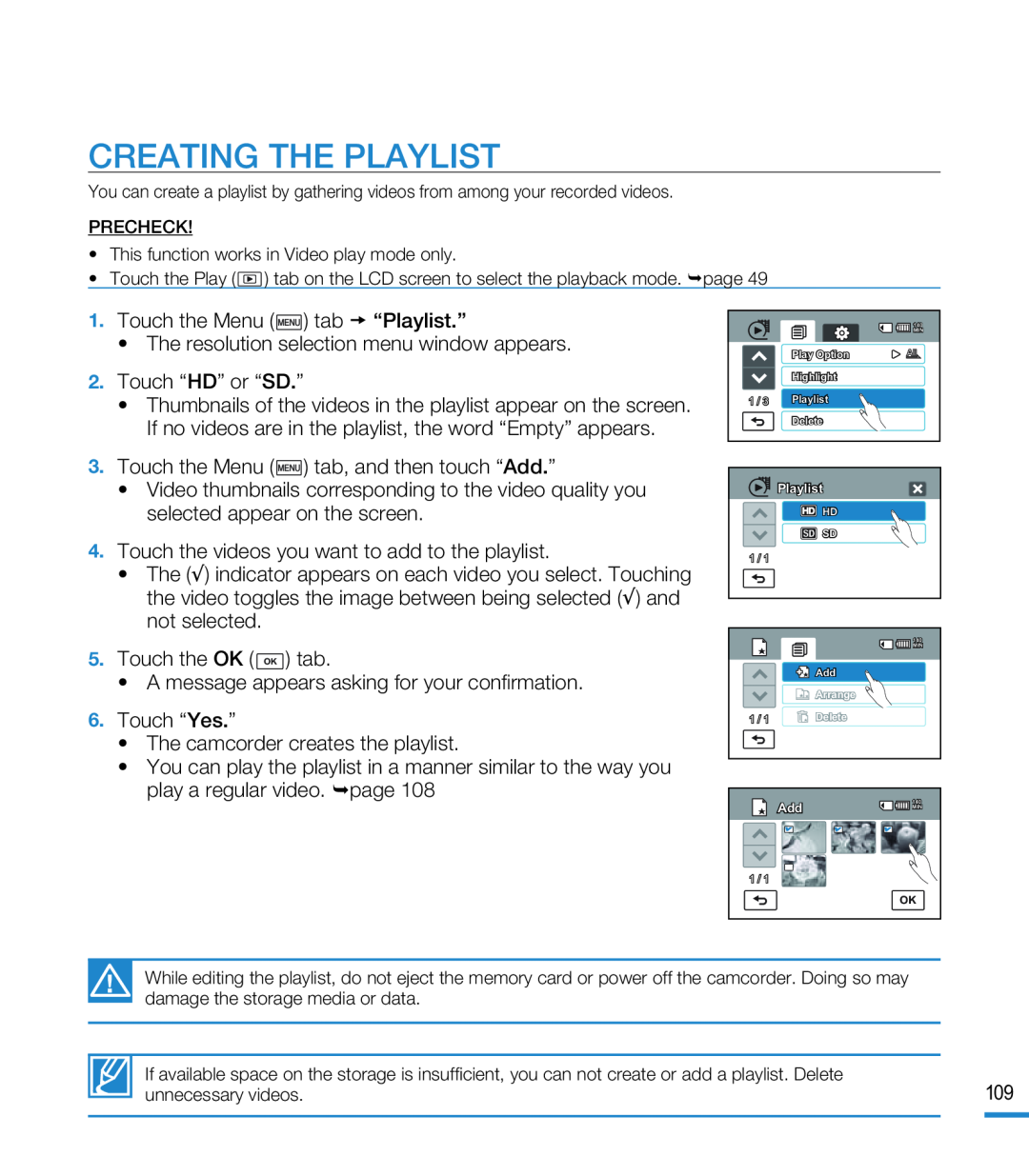 CREATING THE PLAYLIST Hand Held Camcorder HMX-M20BN