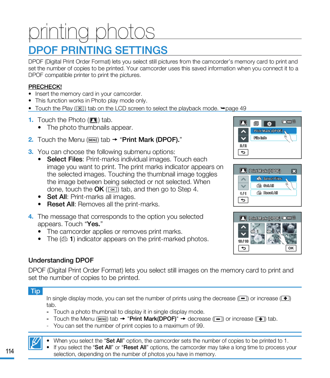 DPOF PRINTING SETTINGS Hand Held Camcorder HMX-M20BN