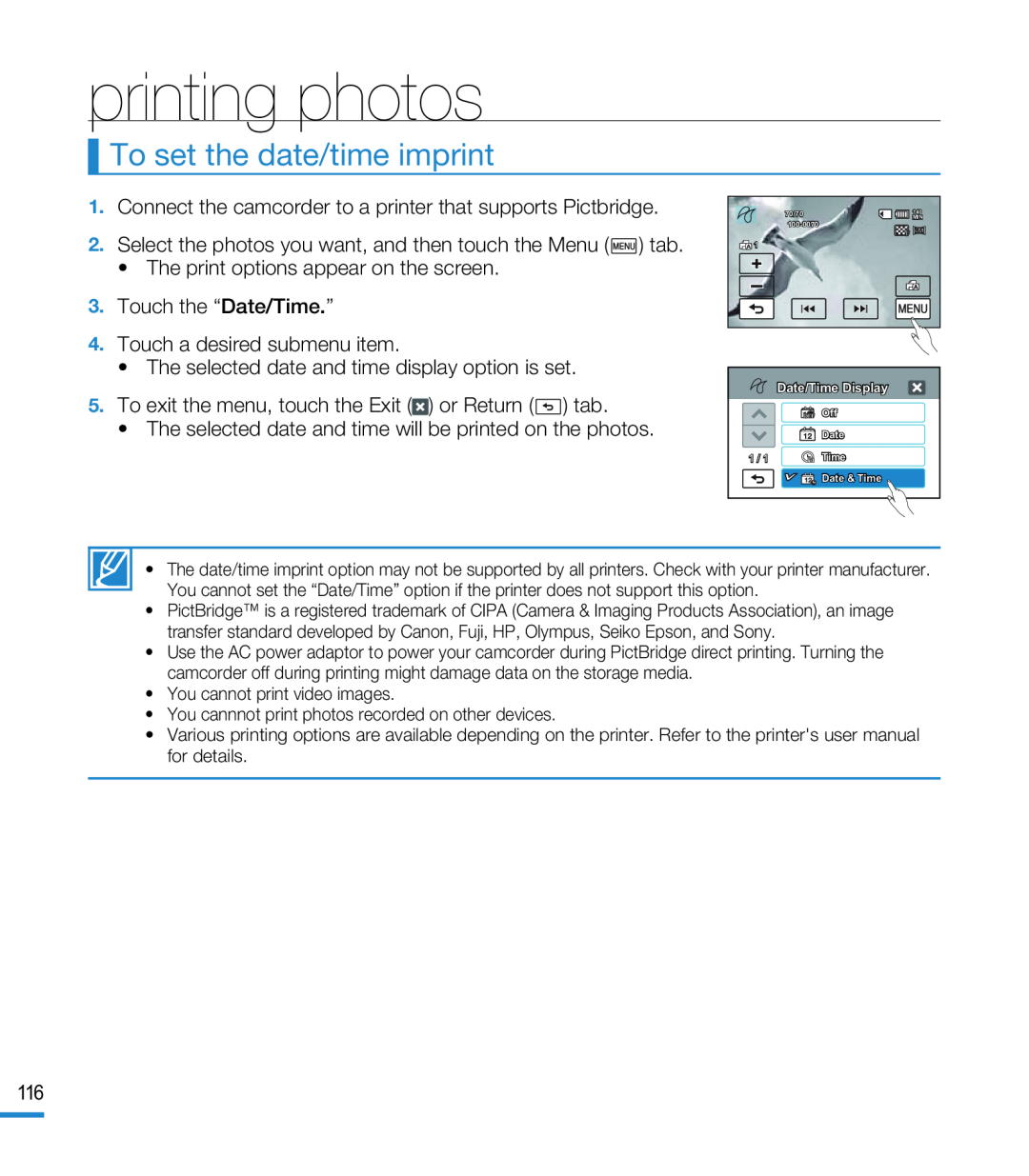 To set the date/time imprint Hand Held Camcorder HMX-M20BN