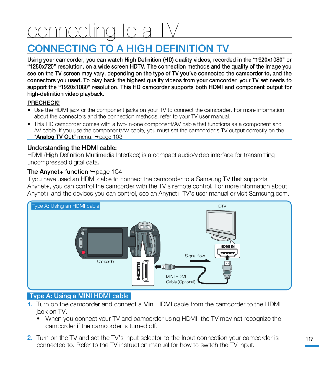 CONNECTING TO A HIGH DEFINITION TV Hand Held Camcorder HMX-M20BN