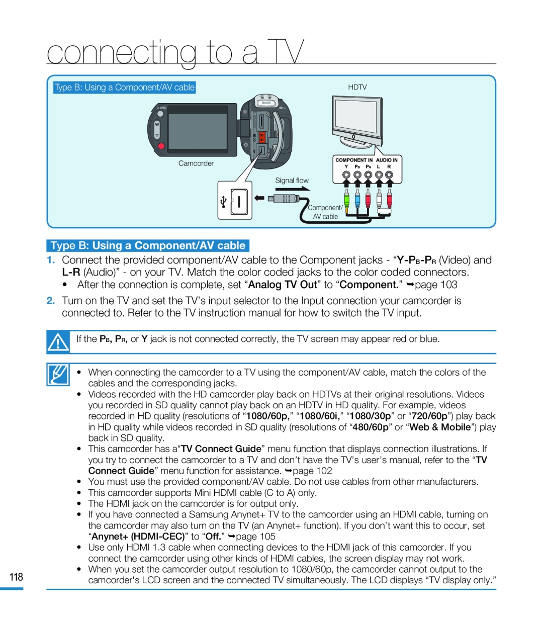 Type B: Using a Component/AV cable Hand Held Camcorder HMX-M20BN