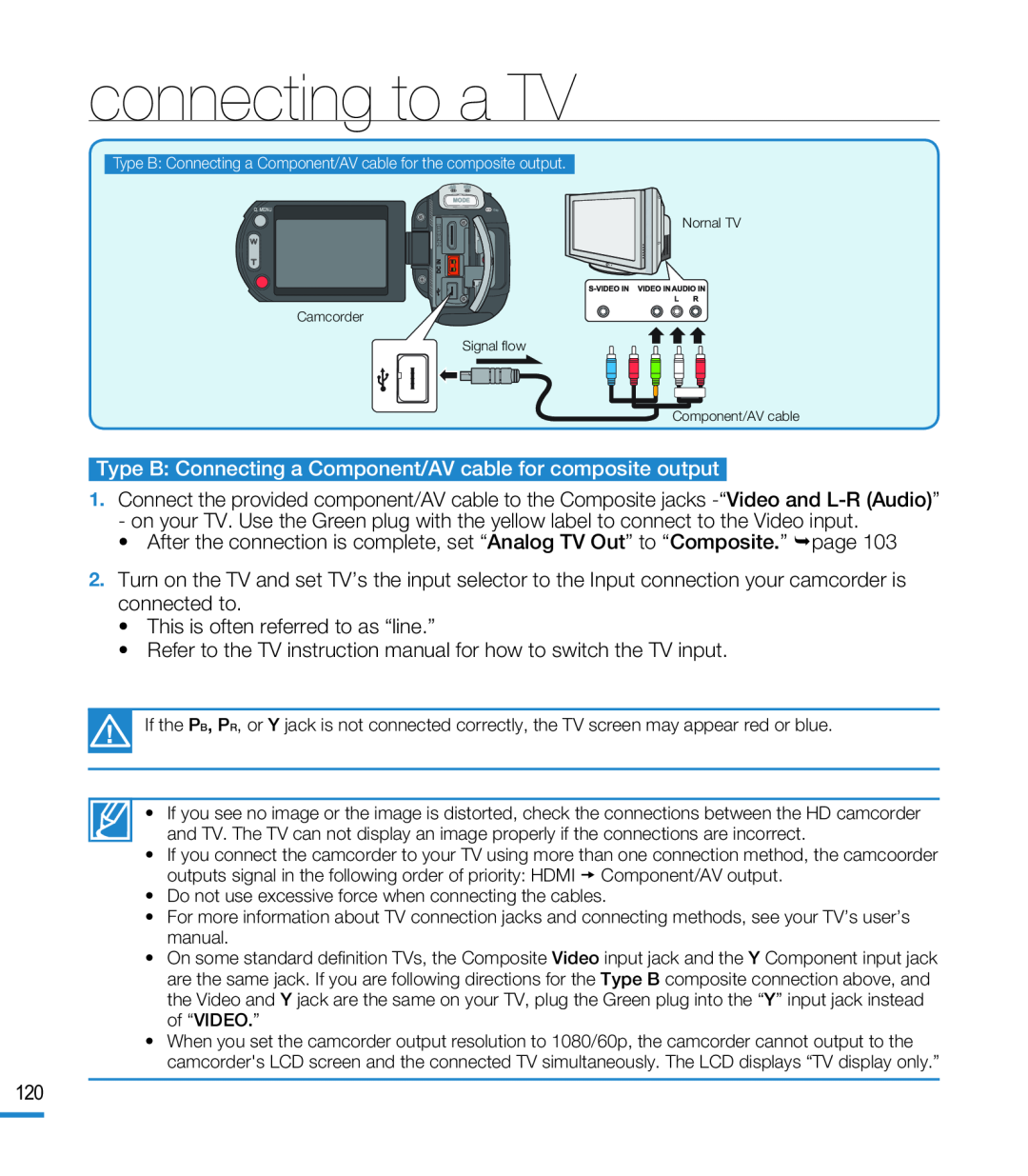 •After the connection is complete, set “Analog TV Out” to “Composite.” page Hand Held Camcorder HMX-M20BN