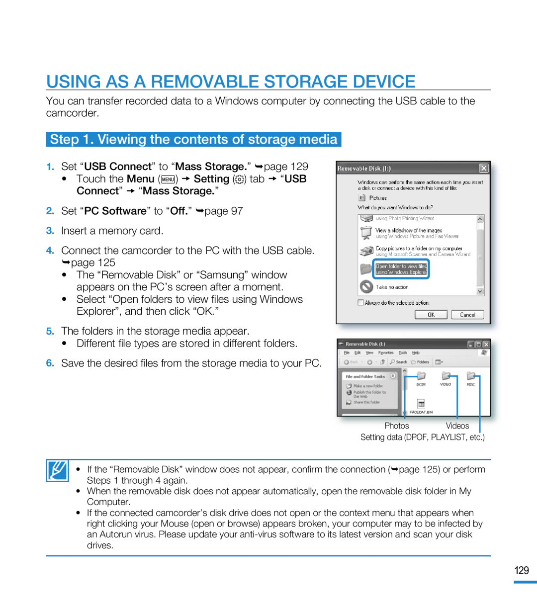 USING AS A REMOVABLE STORAGE DEVICE Hand Held Camcorder HMX-M20BN