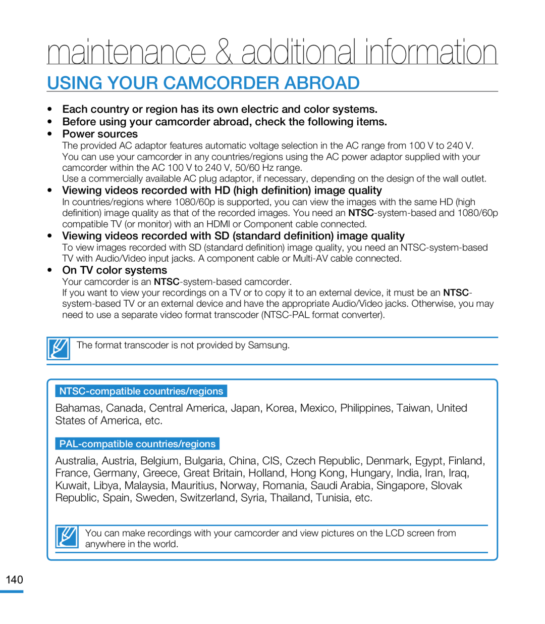 USING YOUR CAMCORDER ABROAD Hand Held Camcorder HMX-M20BN