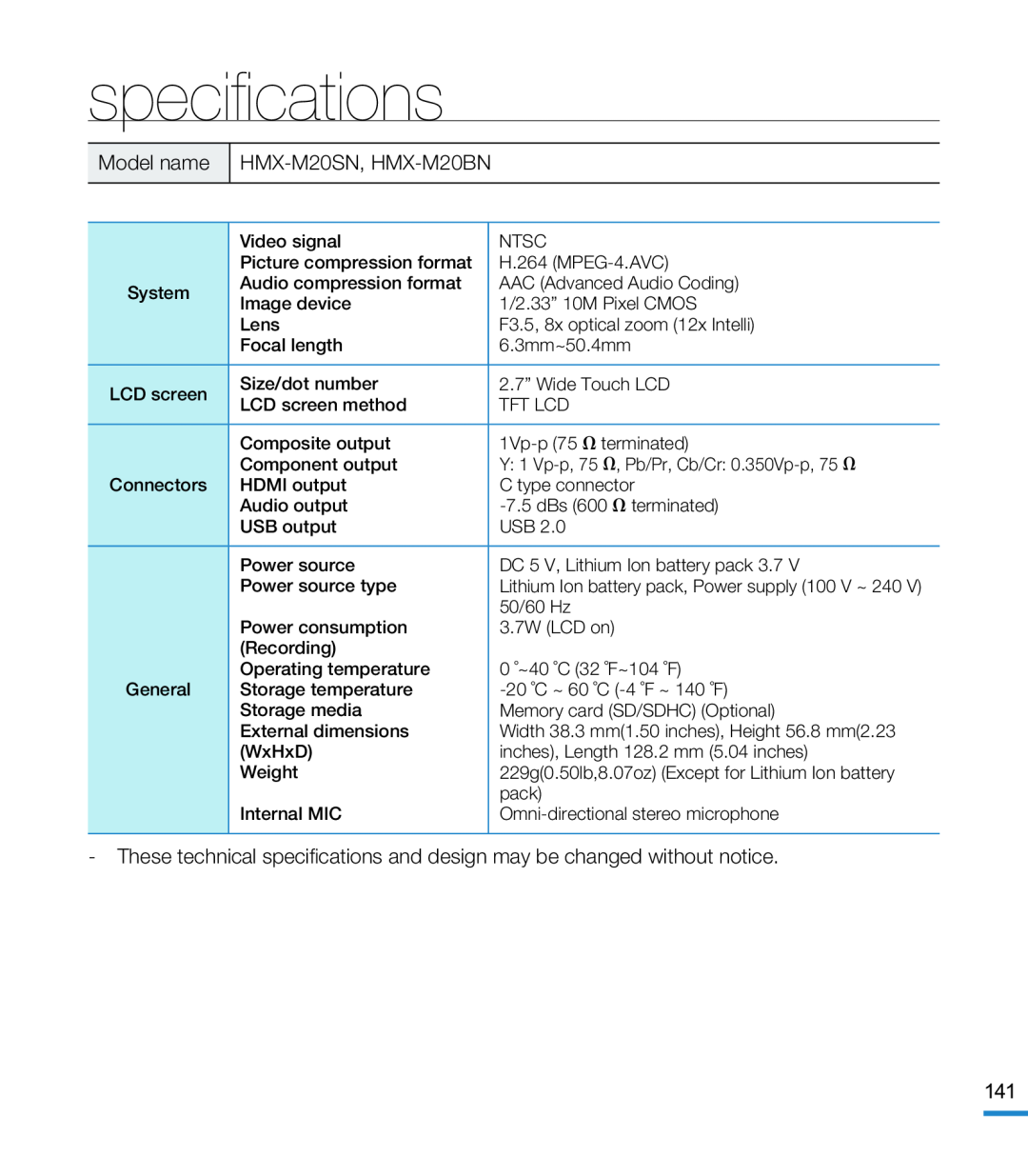 speciﬁcations Hand Held Camcorder HMX-M20BN