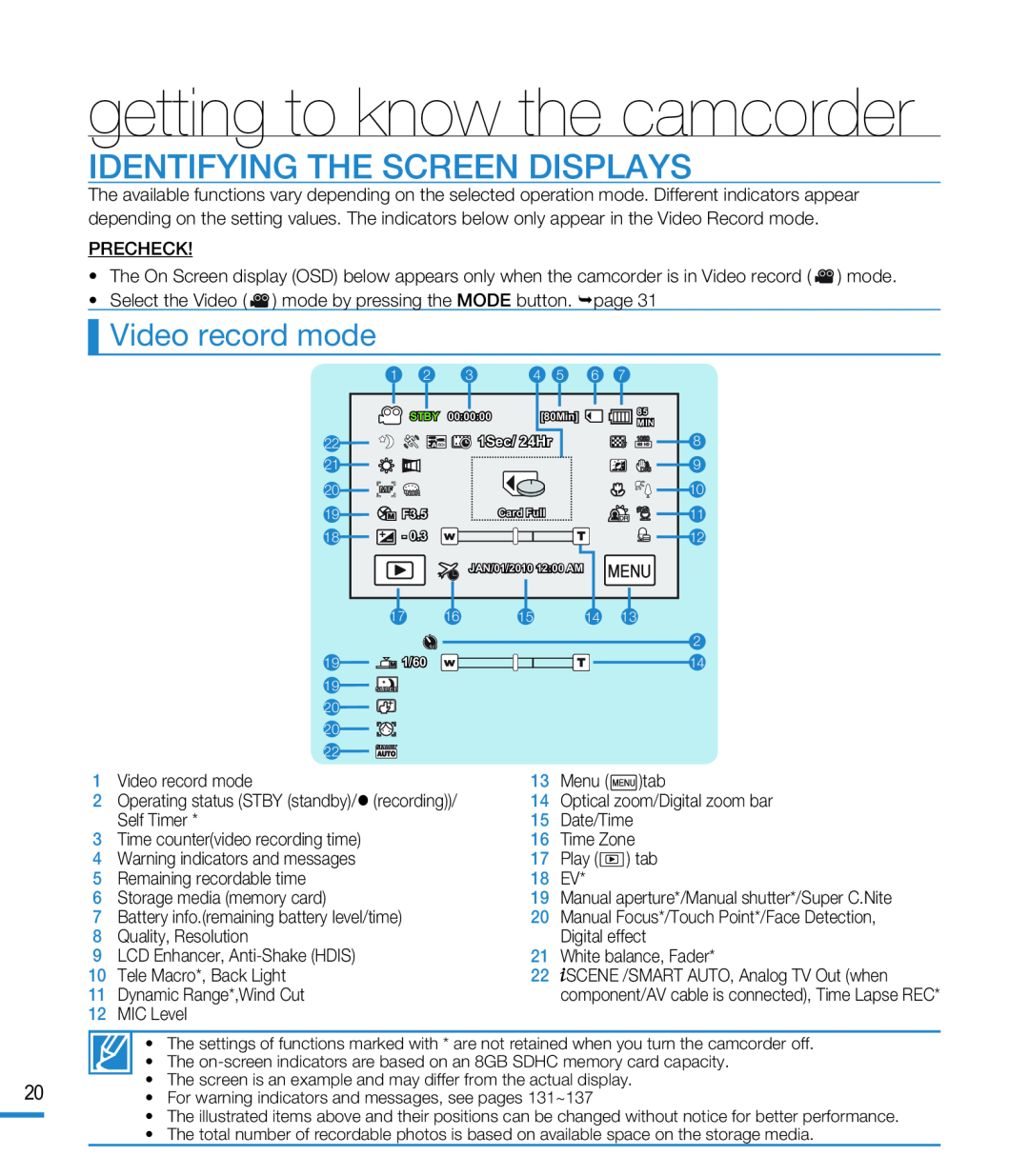 IDENTIFYING THE SCREEN DISPLAYS Hand Held Camcorder HMX-M20BN