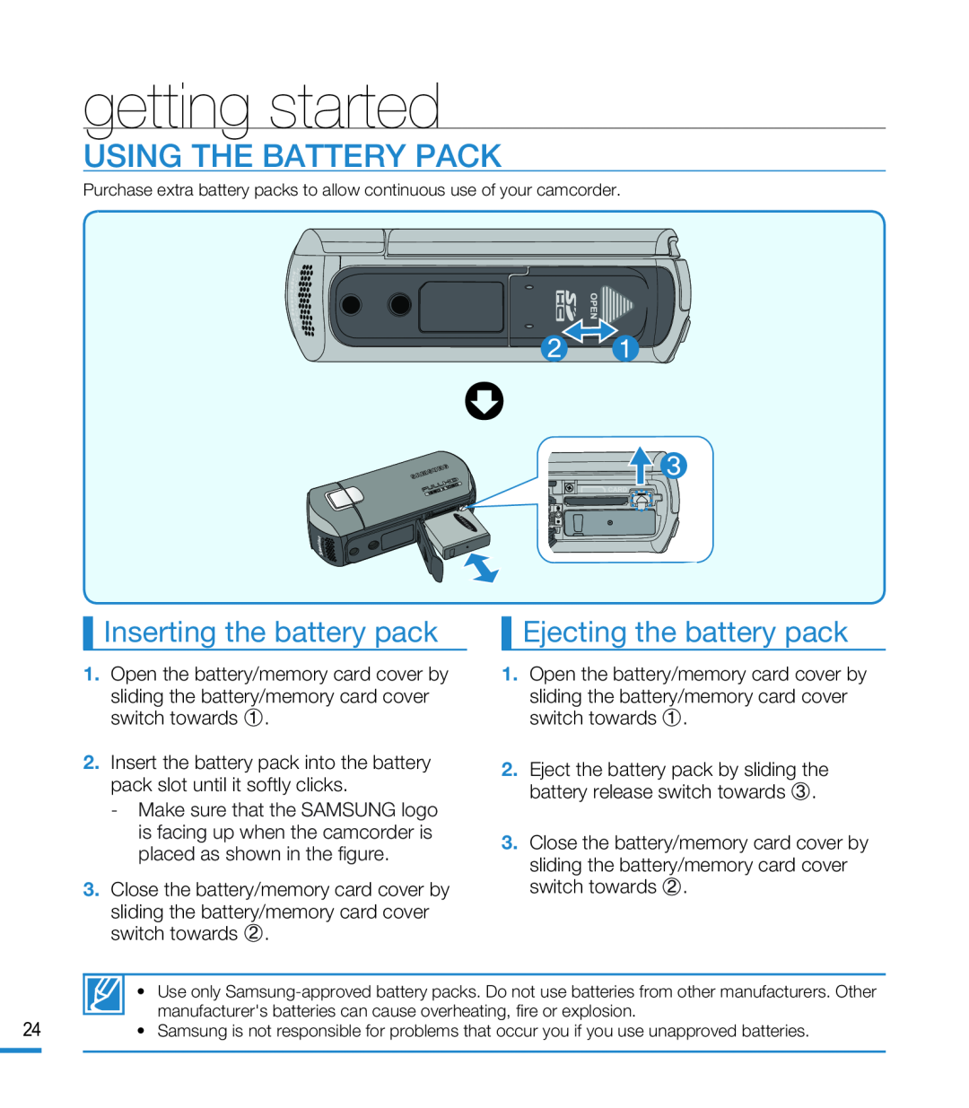 USING THE BATTERY PACK Hand Held Camcorder HMX-M20BN