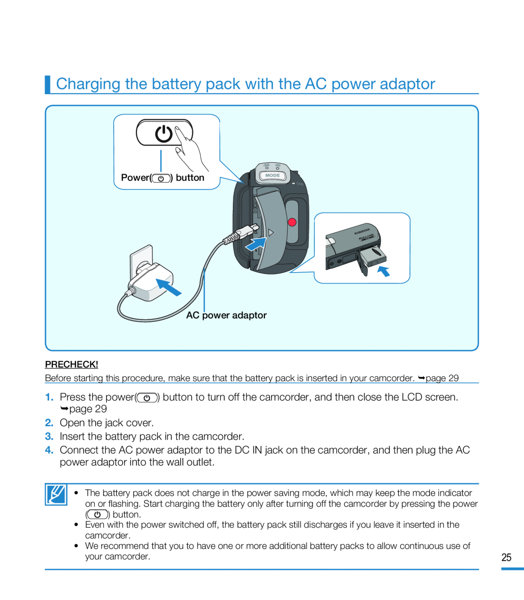 Charging the battery pack with the AC power adaptor