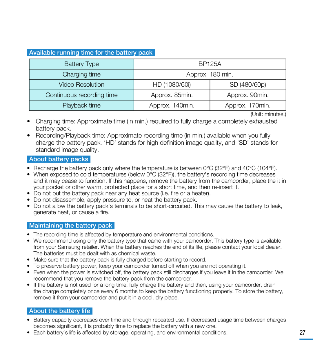 About the battery life Hand Held Camcorder HMX-M20BN