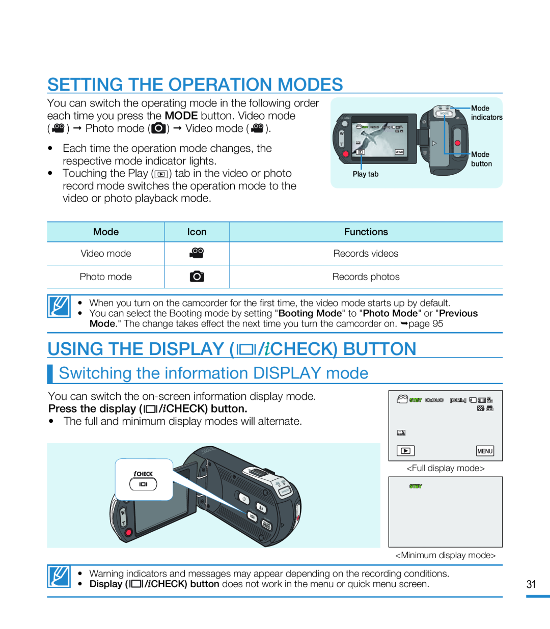 SETTING THE OPERATION MODES Hand Held Camcorder HMX-M20BN