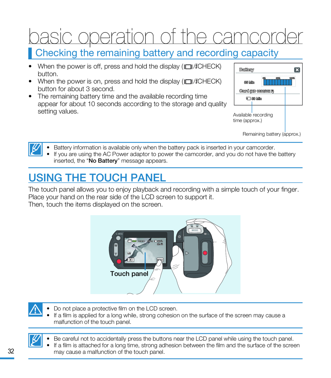 Checking the remaining battery and recording capacity Hand Held Camcorder HMX-M20BN