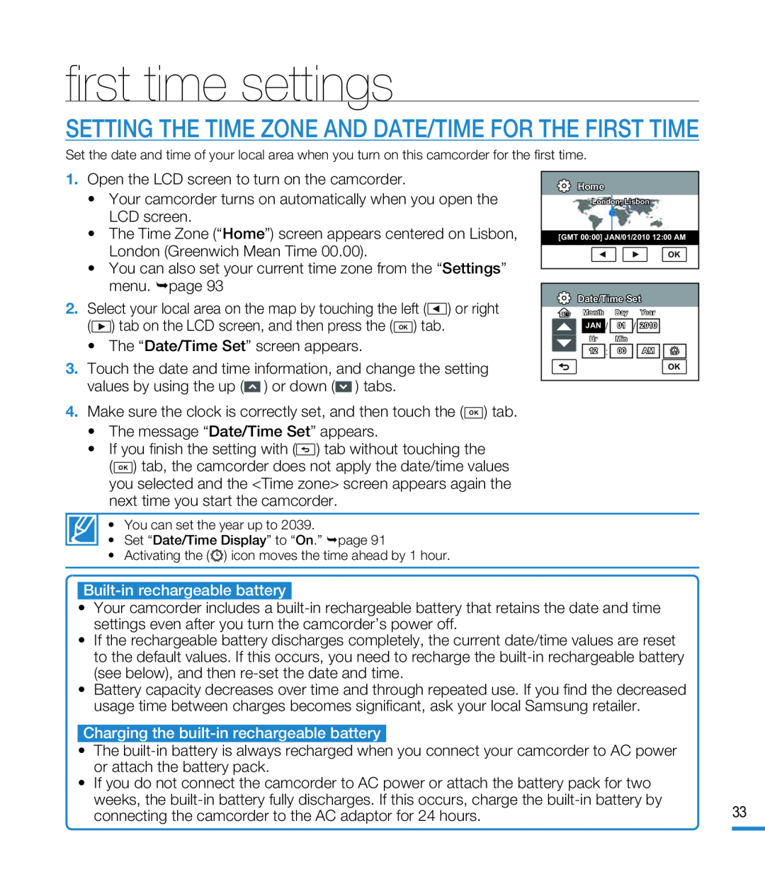 ﬁrst time settings Hand Held Camcorder HMX-M20BN