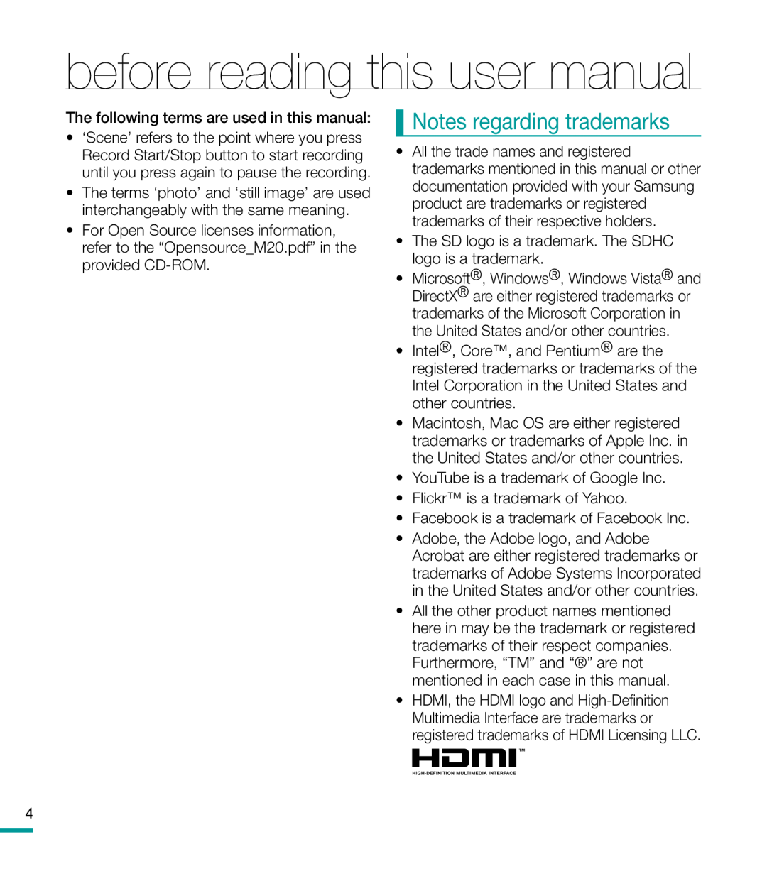 Notes regarding trademarks Hand Held Camcorder HMX-M20BN