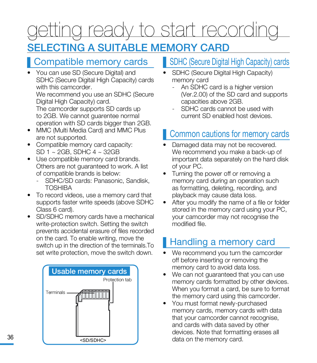 Common cautions for memory cards Hand Held Camcorder HMX-M20BN