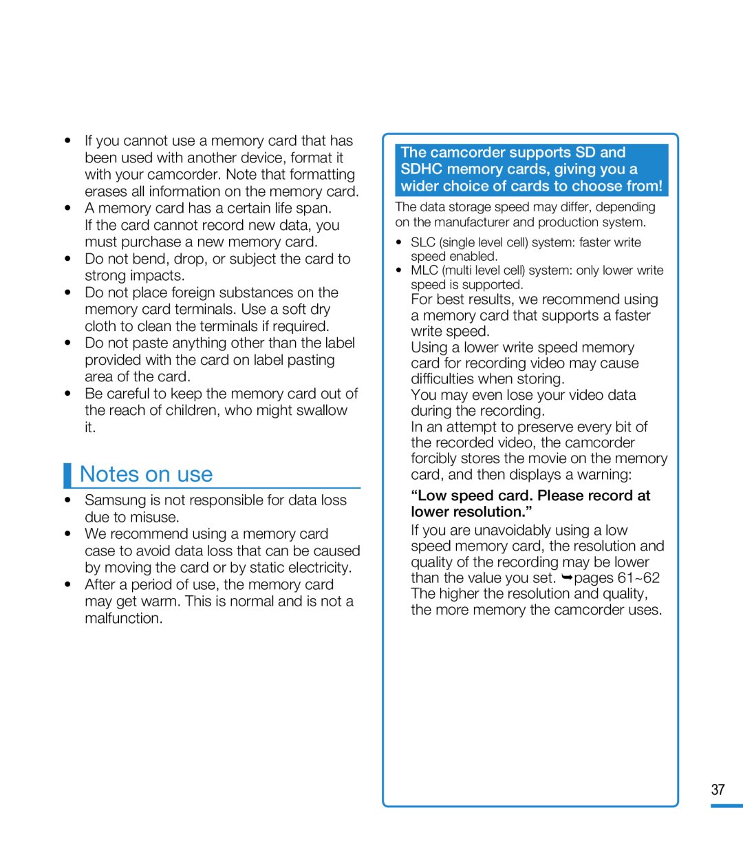 Notes on use Hand Held Camcorder HMX-M20BN