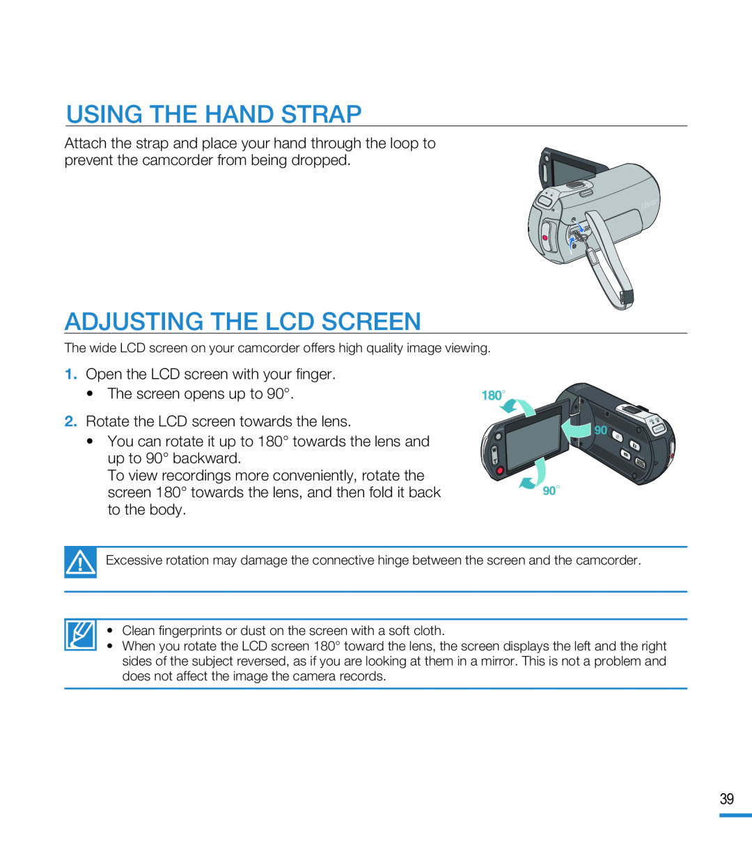 USING THE HAND STRAP ADJUSTING THE LCD SCREEN