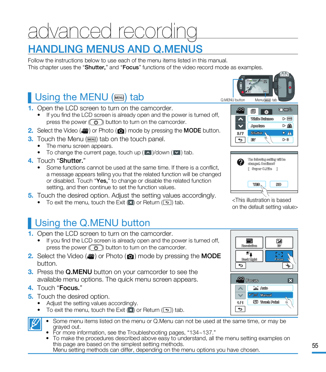 HANDLING MENUS AND Q.MENUS Hand Held Camcorder HMX-M20BN