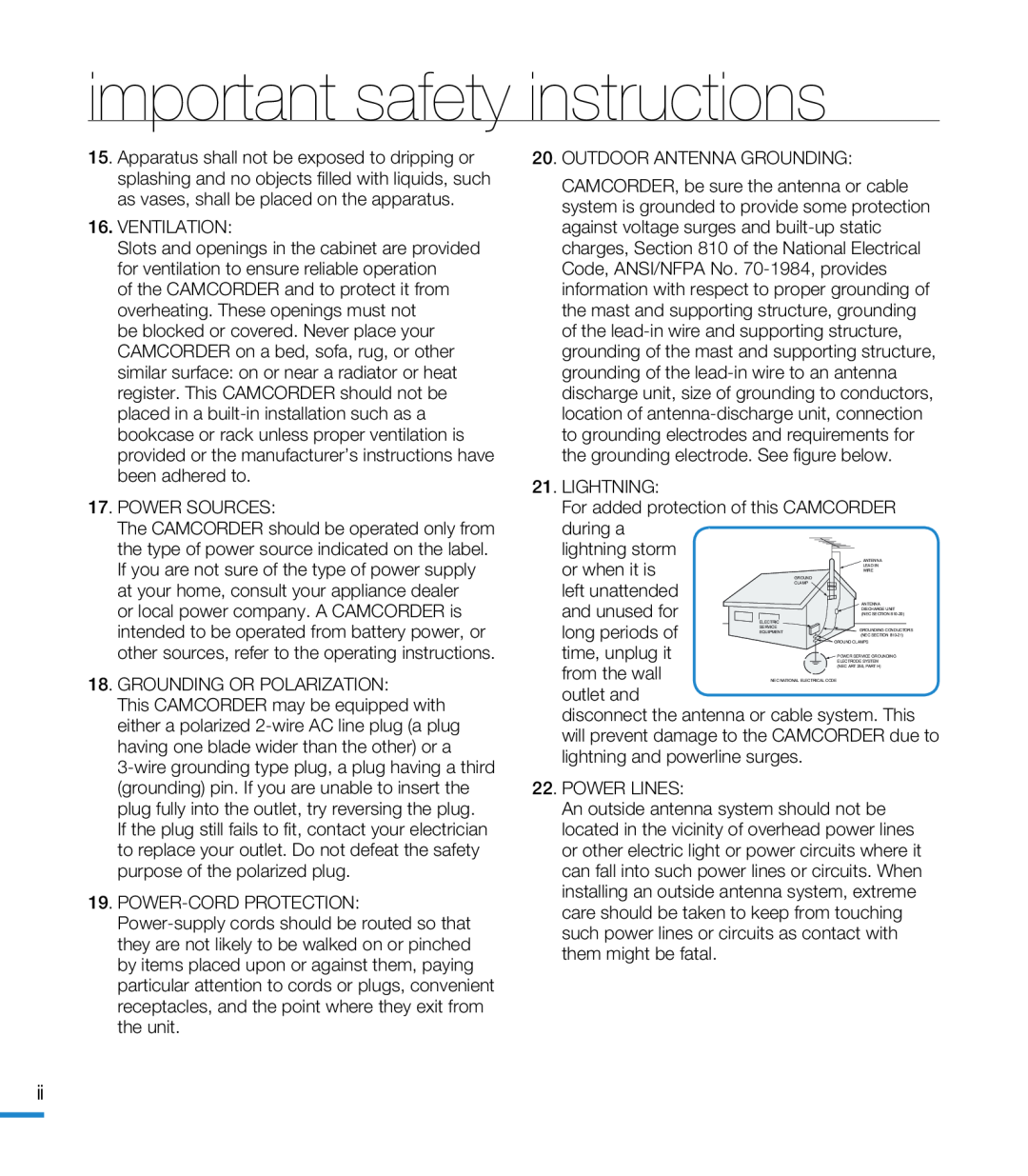 important safety instructions Hand Held Camcorder HMX-M20BN