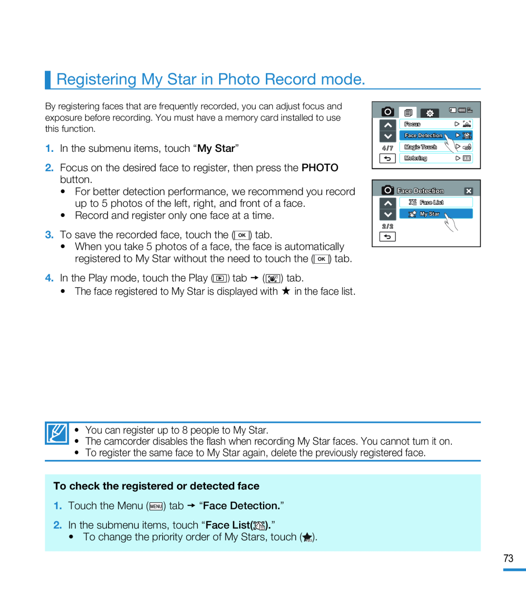 Registering My Star in Photo Record mode Hand Held Camcorder HMX-M20BN