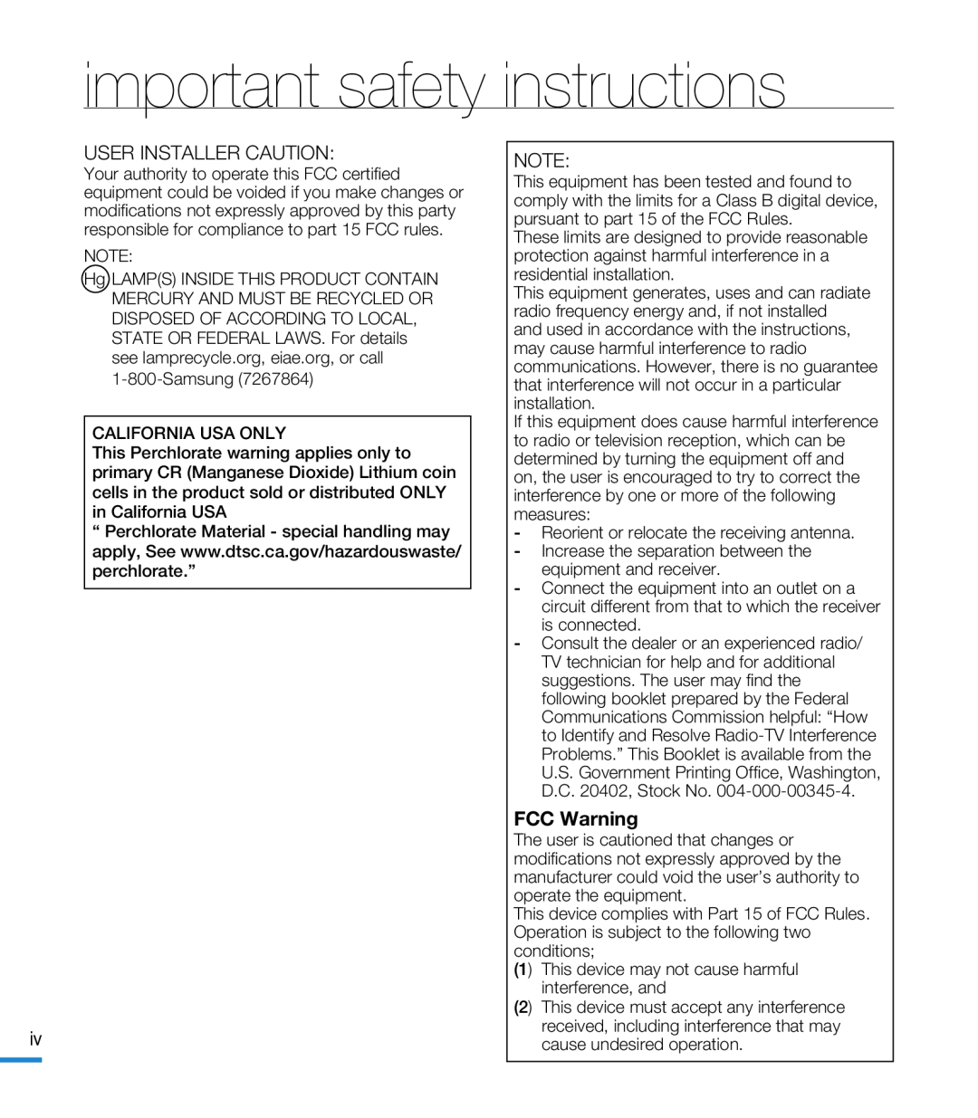 important safety instructions Hand Held Camcorder HMX-M20BN